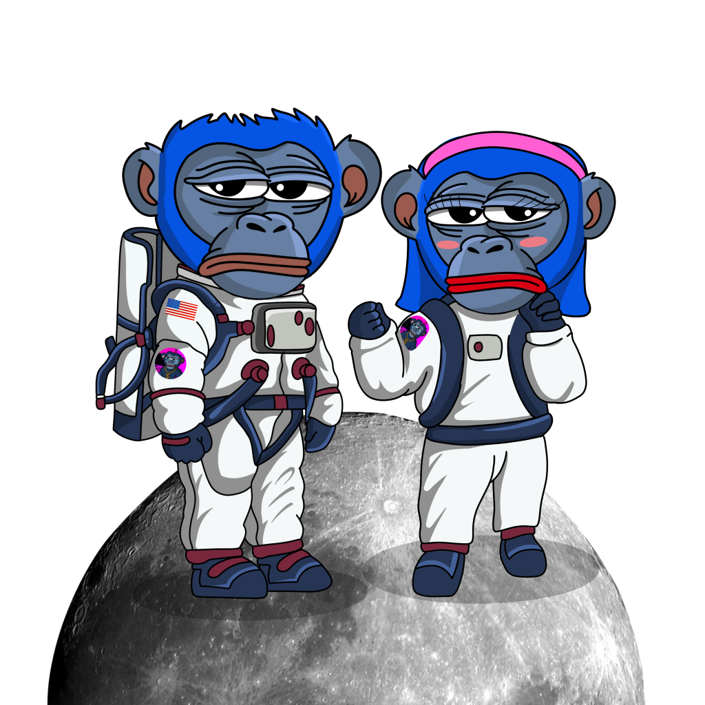 Two $SAD astronaut mascots standing on the moon